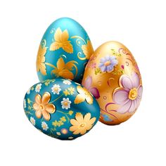 three easter eggs with flowers painted on them, one is blue and the other is gold