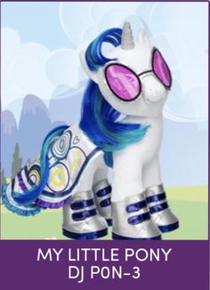 an image of a pony with blue hair and pink glasses on it's face