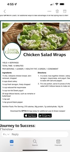 the website for lean's cremee chicken salad wraps is displayed on an iphone