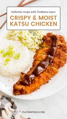 crispy and moist chicken on a plate with rice