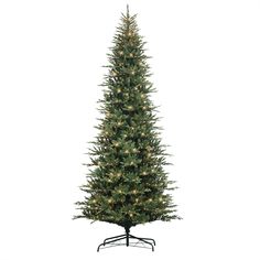 a tall artificial christmas tree with white lights