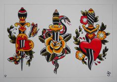 three different tattoos are shown on a white sheet with red and yellow flowers in the center