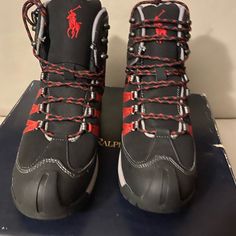 These Are Brand New Polo Ralph Lauren Canterwood Gore-Tex Performance Hiking Boot Men's Size 10.5 . Color :Red , Black And Grey. . Get Et Ready For Wetter Weather With Gore-Tex Hiking Shoes. When Your Next Adventures Take You To Snowy Trails, Rainforests, And Shallow Streams, A Pair Of Hiking Shoes With Gore-Tex Membranes Can Be Your Most Reliable Companion, Keeping Your Feet Dry And Comfortable Every Step Of The Way. Rugged Lace-up Hiking Boots With Branded Insole, Red Low-top Outdoor Boots, Black Hiking Boots With Round Toe, Black Lace-up Walking Boots, Black Laced Work Boots For Outdoor, Sporty Hiking Boots With Studded Rubber Outsoles, Black Round Toe Hiking Boots With Laces, Hiking Boot, Ralph Lauren Shoes