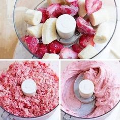 four pictures showing the process for making strawberry cream in a food processor, including strawberries and bananas