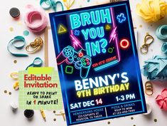 an image of a birthday party flyer with paper streamers and craft supplies on the table