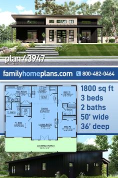 two story house plan with 3 beds, 2 baths and an open floor plan in the front