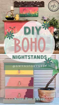 Creative Nightstand DIYs: Upgrade Your Bedroom! Get inspired with these creative DIY Boho painted furniture nightstands! Transform your bedroom into a stylish sanctuary. Boho Painted Furniture, Diy Nightstand Ideas, Creative Nightstand, Nightstand Redo, Two Tone Dresser, Nightstand Ideas, Diy Nightstand, Boho Furniture, Diy Boho