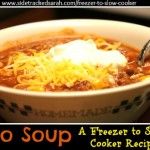 a bowl of taco soup with sour cream on top and the words, freeze to slow cooker recipe