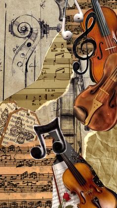 an artistic collage with violin, music notes and other musical instruments on top of sheet music