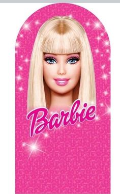 a barbie doll with blonde hair and blue eyes on a pink background that says barbie