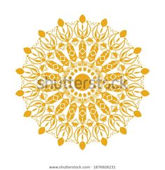 an orange circular ornament with leaves and flowers in the center on a white background