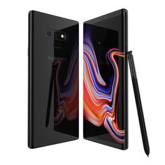 the samsung note 9 is shown in black and has a pen sticking out of it