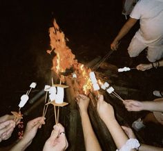 a group of people holding marshmallows over a fire