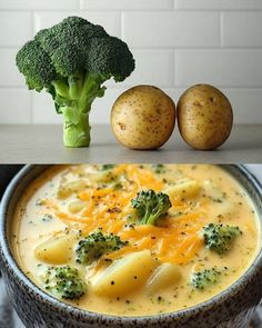 broccoli, potatoes and cheese in a bowl next to a potato on the table