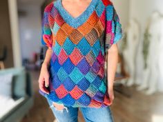 Oversized Colorful Sweater, Checkered Sweater, Hand Knitted, Diamond Top, Vneck, Plaid Sweater, Spring, Summer, woolen women vest Products are specially designed and are 100% original and 100% handmade. 💛 Details: ⭐Made of  70% wool, 30% acrylic. ⭐Very modern and comfortable, hand cable knit soft sweater. Suitable for any season, cozy, colorful, making the outfit happy and unique.  ⭐ One size M/L.  Width: 52 cm/20,4in Length: 66 cm/25,9in The model wearing sweater on the photo - height is 170cm Cozy Multicolor V-neck Sweater, Multicolor V-neck Knit Sweater Vest, Multicolor Knit V-neck Sweater Vest, Winter Knit V-neck Sweater Vest, Bohemian Crochet V-neck Sweater, Bohemian Multicolor V-neck Sweater, Multicolor Bohemian V-neck Sweater, Bohemian Knit V-neck Top, Winter V-neck Knitted Tops