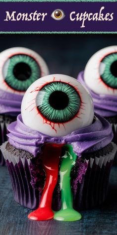 Halloween Monster Eye Cupcakes with a Gooey Surprise Halloween Slime Party, Candy Filled Cupcakes, Eyeball Cupcakes Halloween, Monster Cupcakes Halloween, Eyeball Desserts, Edible Green Slime, Eye Cupcakes, Eyeball Cookies, Cherry Dump Cake