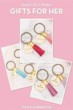 three different key chains with the words dance keyschains gifts for her on them