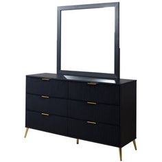 a black dresser with a mirror on top and gold trim around the bottom, against a white background