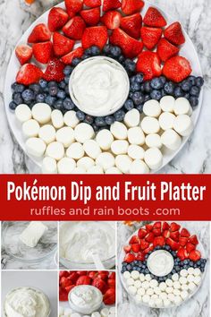 the pokemon dip and fruit platter is made with marshmallows, strawberries, blueberries, and other fruits