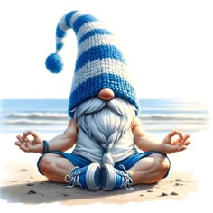 there is a gnome sitting on the beach doing yoga