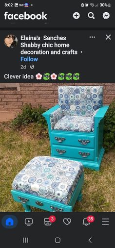 a blue chair and ottoman in front of a brick wall with the caption facebook