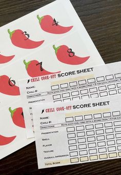 two sheets of paper with red chili peppers on them and some sort of score sheet