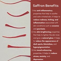 the words saffron benefits are written in red ink on white paper