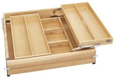 an open drawer is shown with drawers in the bottom section and two separate compartments on each side