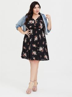 Harper - Black Floral Georgette Shirt Dress, SPACED BOUQUET Georgette Shirt, Big Size Dress, Knit Skater Dress, Jersey Wrap Dress, Knit Wrap Dress, Corset Bustier, Dresses Xxl, Stylish Plus, Plus Size Fashion For Women