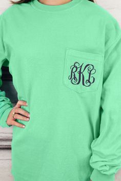 Shades of Green/Yellow Comfort Colors Long Sleeve Pocket Tee #4410 *Personalize It Vinyl Gifts, A Monogram, Vinyl Shirts, Shop Clothes, Southern Style, Cricut Explore, Pocket Tee, Cricut Ideas, Shirt Ideas