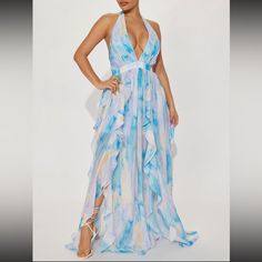 Nwt Fashion Nova Open Back Printed Maxi Dress Blue Multicolor Small New With Tags Blue Lined Halter Neck Dress, Blue Halter Neck Lined Dresses, Blue Lined Maxi Dress For Beach, Light Blue Summer Maxi Dress For Party, Blue Sundress Maxi Dress For Parties, Blue Lined Maxi Dress For The Beach, Blue Ruffled Maxi Dress For Beach, Blue Lined Dresses For The Beach, Lined Blue Dresses For The Beach