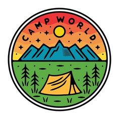 the camp world logo is shown in a circle with trees and mountains behind it,