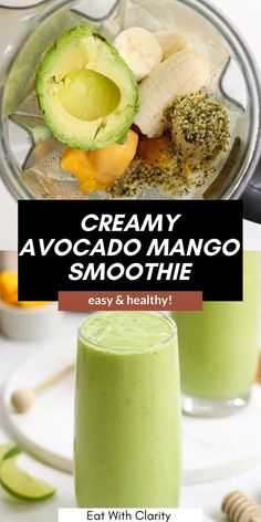 creamy avocado mango smoothie with text overlay