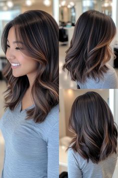 26 Low Maintenance Brunette Balayage Ideas Medium Length Brown Hair With Balayage, Asian Hair Lob, Reverse Balayage Brunette, Low Maintenance Brunette Hair Color, Black Hair With Subtle Highlights, Face Frame Highlights, Dark Brunette Balayage