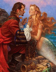 a painting of a mermaid and a man sitting on a rock next to each other