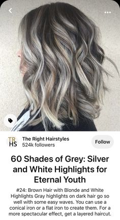 Grey Hair Dark Highlights, Platinum Grey Highlights On Dark Hair, Hair Color Ideas For Hiding Gray, Brown Blonde Grey Balayage, Hair Ideas For Greying Hair, Blending Gray With Dark Hair, Brunette Hair Color Ideas To Cover Grey, Camoflauge Gray Hair With Highlights, Cover Greys With Highlights