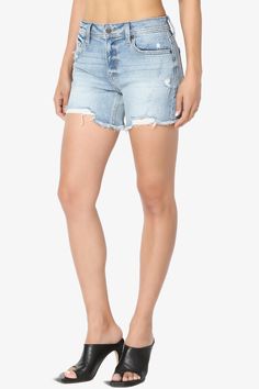 Frayed along cut-off hems, denim shorts are worn-in favorite in braze medium denim wash. Featuring a five-pocket design, a mid-rise, belt loops, distressed details. Style with a crop top and sneakers for a casual edit.Braze medium wash, frayed cut-off hemsBelt loops, Zip fly and button closureFive pocket styling, Mid rise, Slim fit , 5 inches inseamFits true to US size, take your normal sizeModel size : 5'3" height, 34" bust, 24" waist, 34" hip, and is wearing a size XS99% cotton, 1% spandex; Ha Summer Beach Vacation, Blue Jean Shorts, Summer Shorts, Pocket Design, Denim Wash, Mid Rise, Casual Wear, Denim Shorts, Night Out