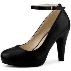 These ankle strap heels have a sleek PU upper and a stiletto heel to add a touch of height and style to your everyday look. Wear these to work for a professional look but also look cute after hours with the ankle strap. Heel Pumps; Stiletto Heel; Vamp: Faux Leather; Outsole: Rubber; Heel: ABS; Heel Height: 3 7/8 inches, Slight Platform Height: 1/2 inches. Color: black-pu. Gender: female. Age Group: adult. Pattern: Solid. Fitted Platform Heels With Ankle Strap, Chic Heels With Padded Ankle And Round Toe, Evening Heels With Padded Ankle, Evening Ankle Heels, High Heels With Padded Ankle For Evening, Evening Heels With Padded Ankle Strap, Elegant Ankle-high Heels With Padded Ankle, Elegant High Heel Heels With Padded Ankle, Elegant Padded Ankle Heels For Evening