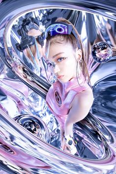 a woman with headphones on standing in front of some shiny metal objects and looking at the camera