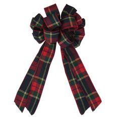 a red and green plaid bow on a white background