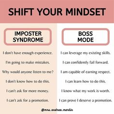 a pink and white poster with the words shift your minds, imposter syndrome and boss mode