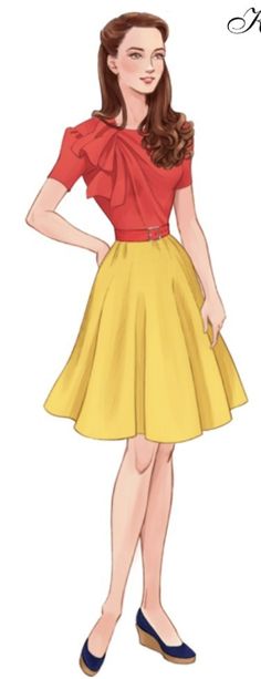 a drawing of a woman in a red top and yellow skirt with her hands on her hips