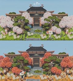 two pictures of the same building with trees and flowers in front of it, one has a pagoda