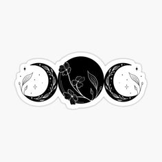 three phases of the moon with flowers and stars on them, black and white sticker