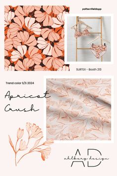 an orange and black floral pattern with the words apricot crush on it's side