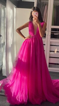 Robe Fuchsia, Prom Dress Pink, Tulle Long Prom Dress, Vestidos Color Rosa, Backless Evening Dress, Pink Evening Dress, Fuchsia Dress, V Neck Prom Dresses, Prom Dresses Sleeveless