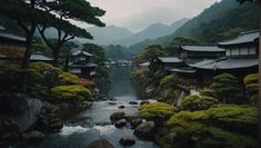 a river running through a lush green forest filled with lots of trees next to tall mountains