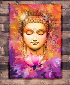 a buddha painting on a wooden wall with a pink flower in the foreground and a sun above it