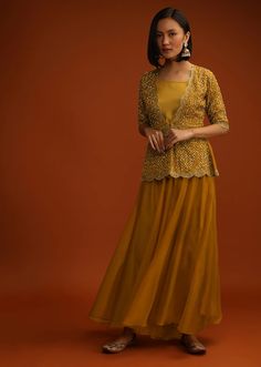 Buy Inca Gold Yellow Palazzo And Peplum Suit In Organza With Flower Sequins And Cut Dana Work Peplum Palazzo, Peplum Suit, Best Bridesmaid Dresses, Flower Sequins, Bridal Sarees South Indian, Kalki Fashion, Bridesmaid Dresses Online, Bridal Saree, Gold Yellow