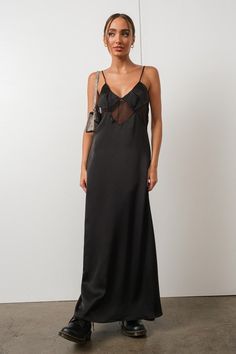 Posh Lace Panel Satin Maxi Dress -black dress Evening Lace Slip Dress With Contrast Lace, Evening Slip Dress With Contrast Lace, Night Out Lace Slip Dress With Lace Bodice, Chic Evening Slip Dress With Lace Bodice, Chic Lace Bodice Slip Dress For Evening, Lace Slip Dress For Night In Spring, Chic Party Slip Dress With Lace Back, Lace Back Slip Dress For Date Night, Spring Lace Slip Dress For Night